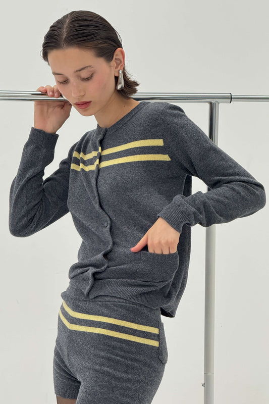 Cashmere Wool Stripe Cardigan in Charcoal/Butter