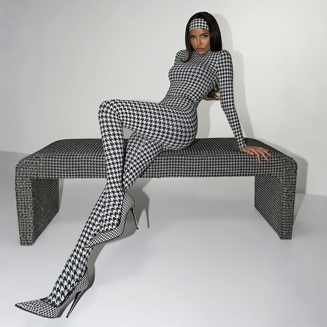 Printed Turtleneck Long Sleeve Sexy High Waist Slim Fit Bodysuit