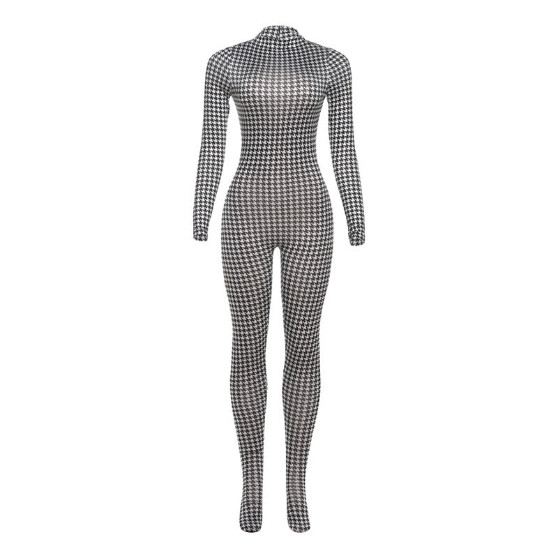 Printed Turtleneck Long Sleeve Sexy High Waist Slim Fit Bodysuit